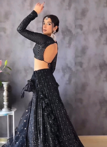 Foil Mirror Work Black Georgette Wedding Lehenga Choli Set